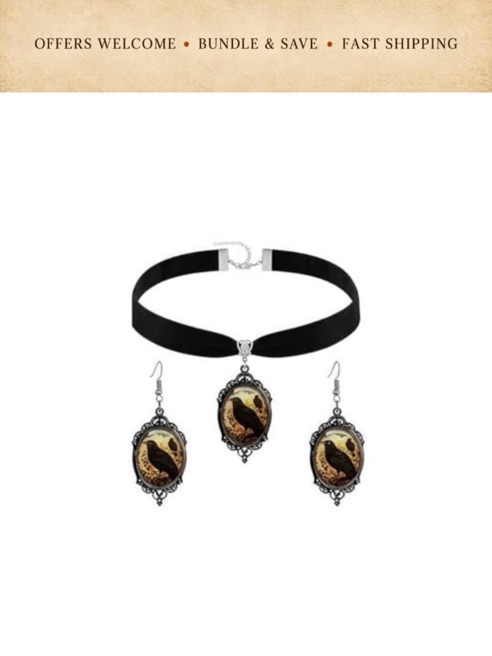 Gothic Raven Cameo Necklace Earring Set Velvet Choker Victorian Jewelry